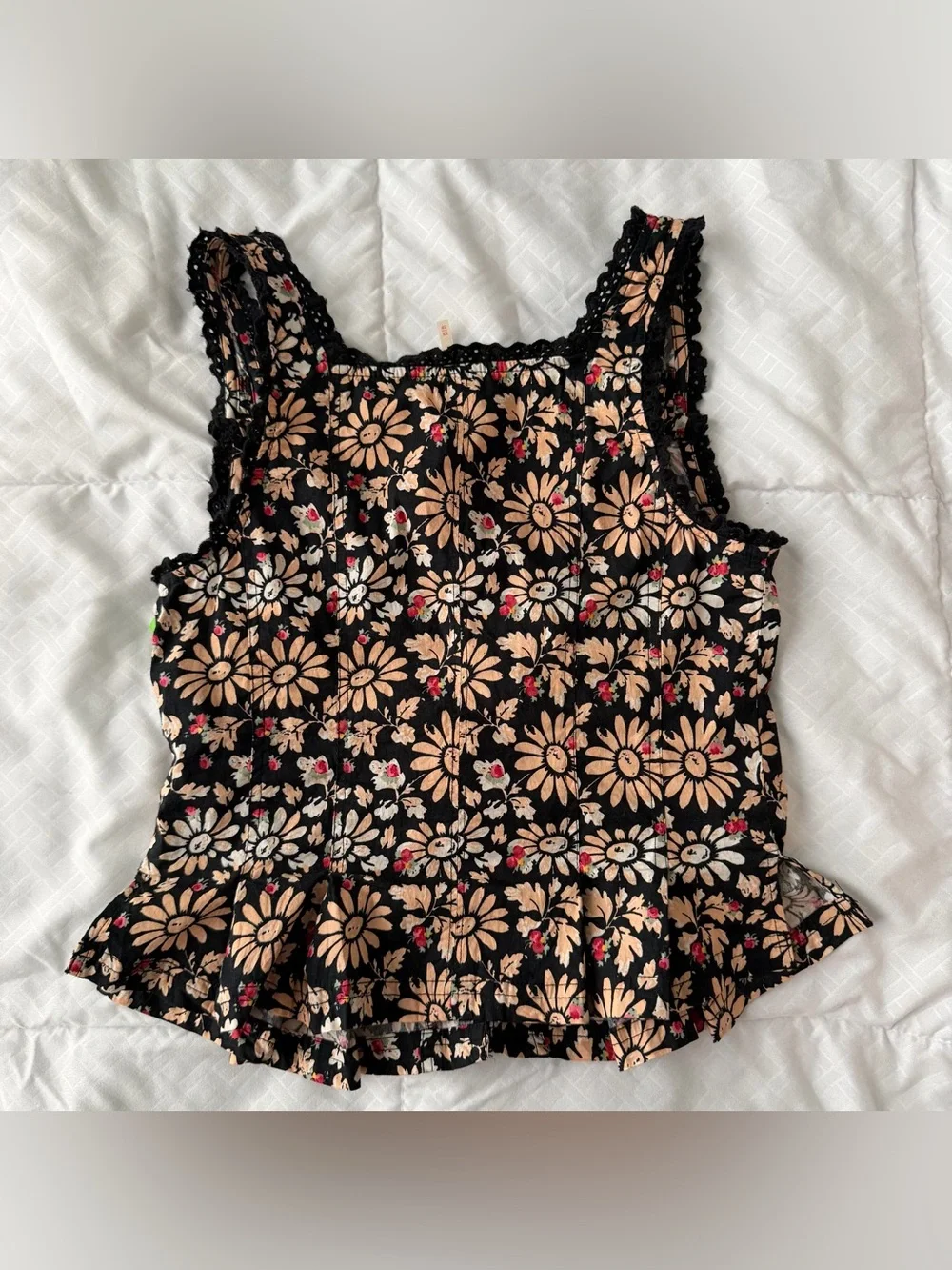 Free People Bridgette Corset Peplum Tank Top XS Black Floral Boho Retro Hippie